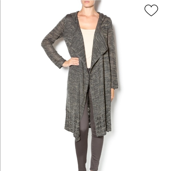 Cecico open front open-weave back long line hooded cardigan heathered gray - Picture 1 of 11